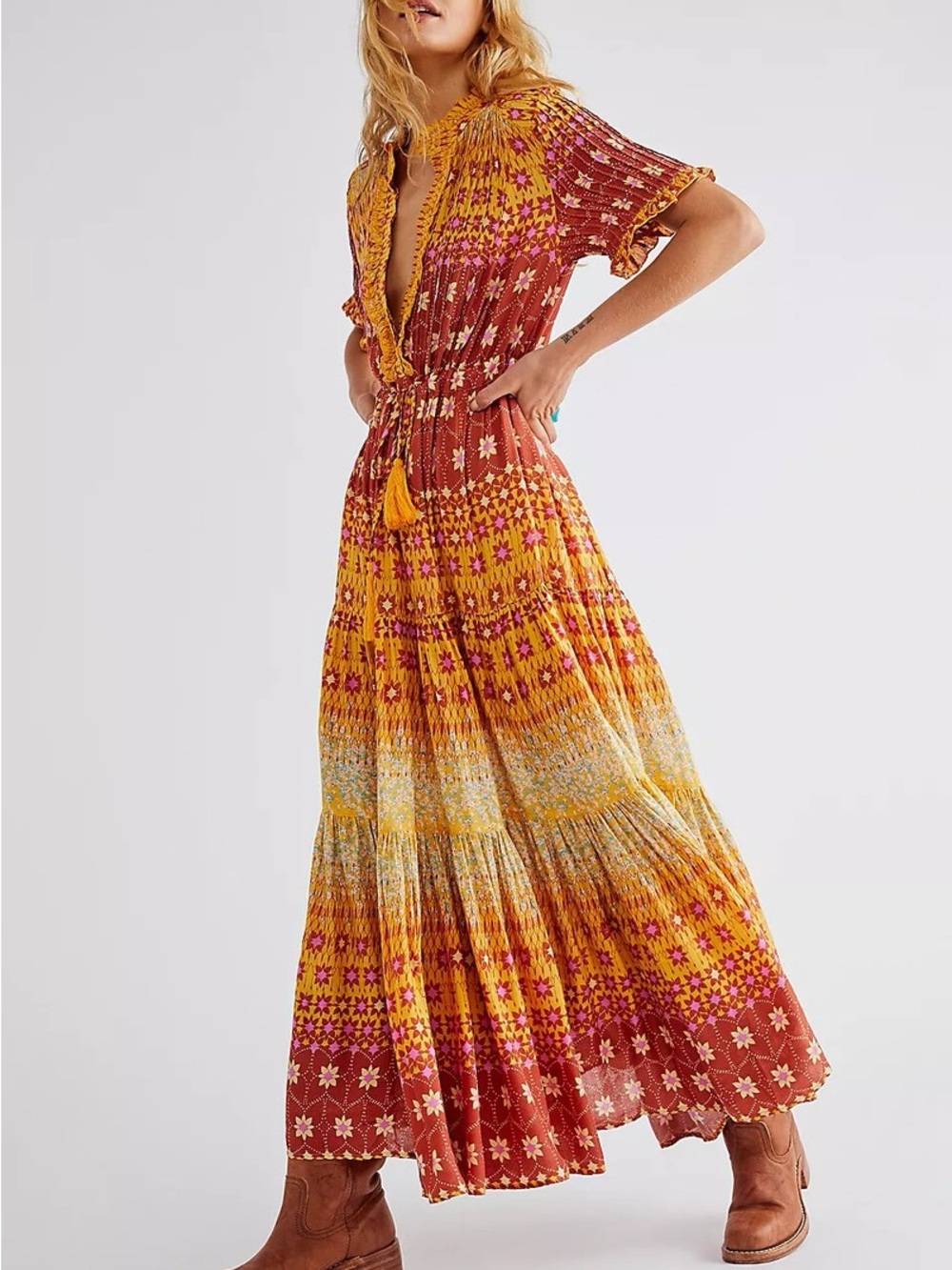 Free People Rare Feeling Tiered Printed Tassels Tie Maxi Dress